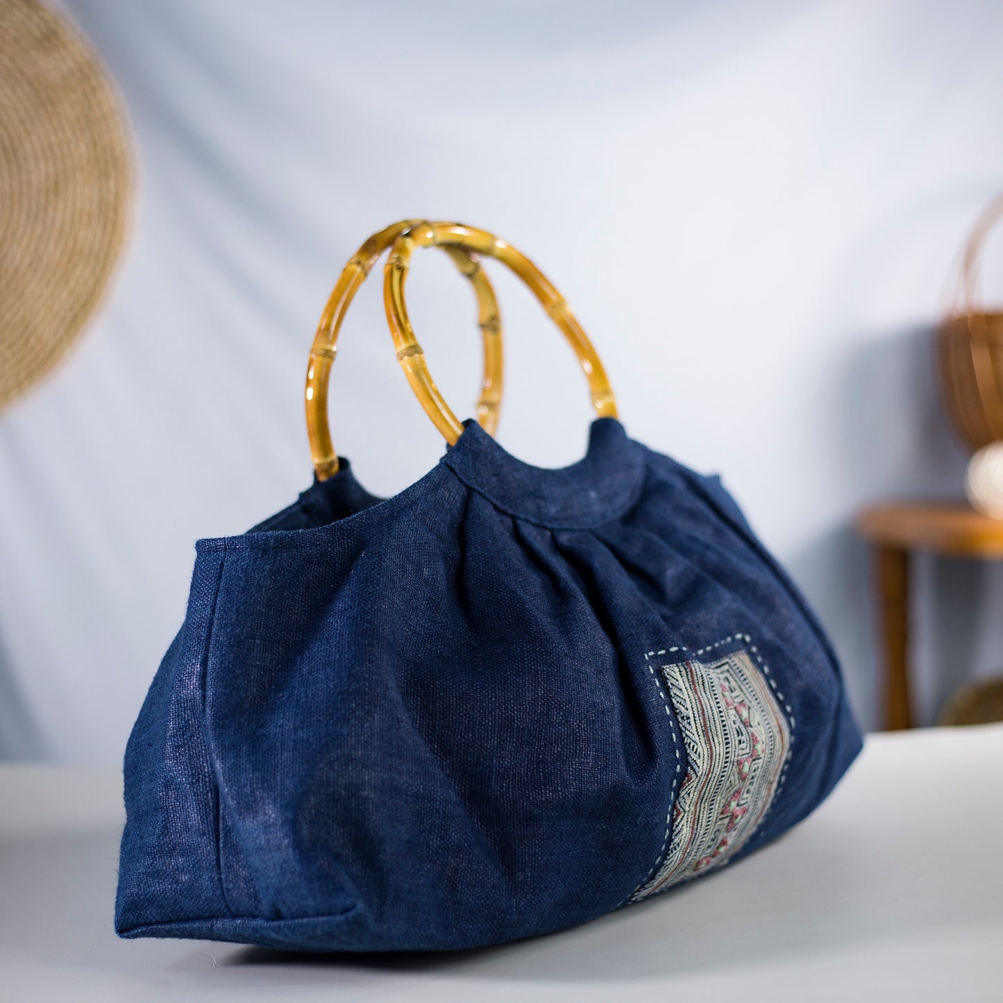 Bamboo handle bag, natural hemp in INDIGO BLUE with vintage patch