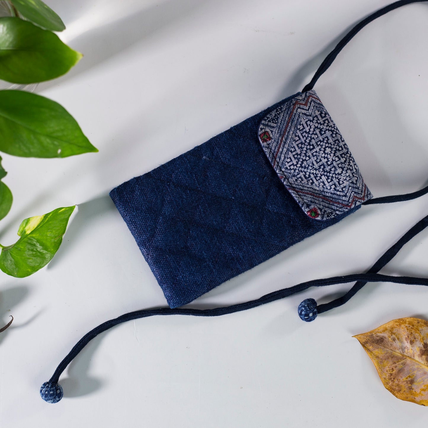 Cross-body phone bag, INDIGO BLUE hemp with batik fabric
