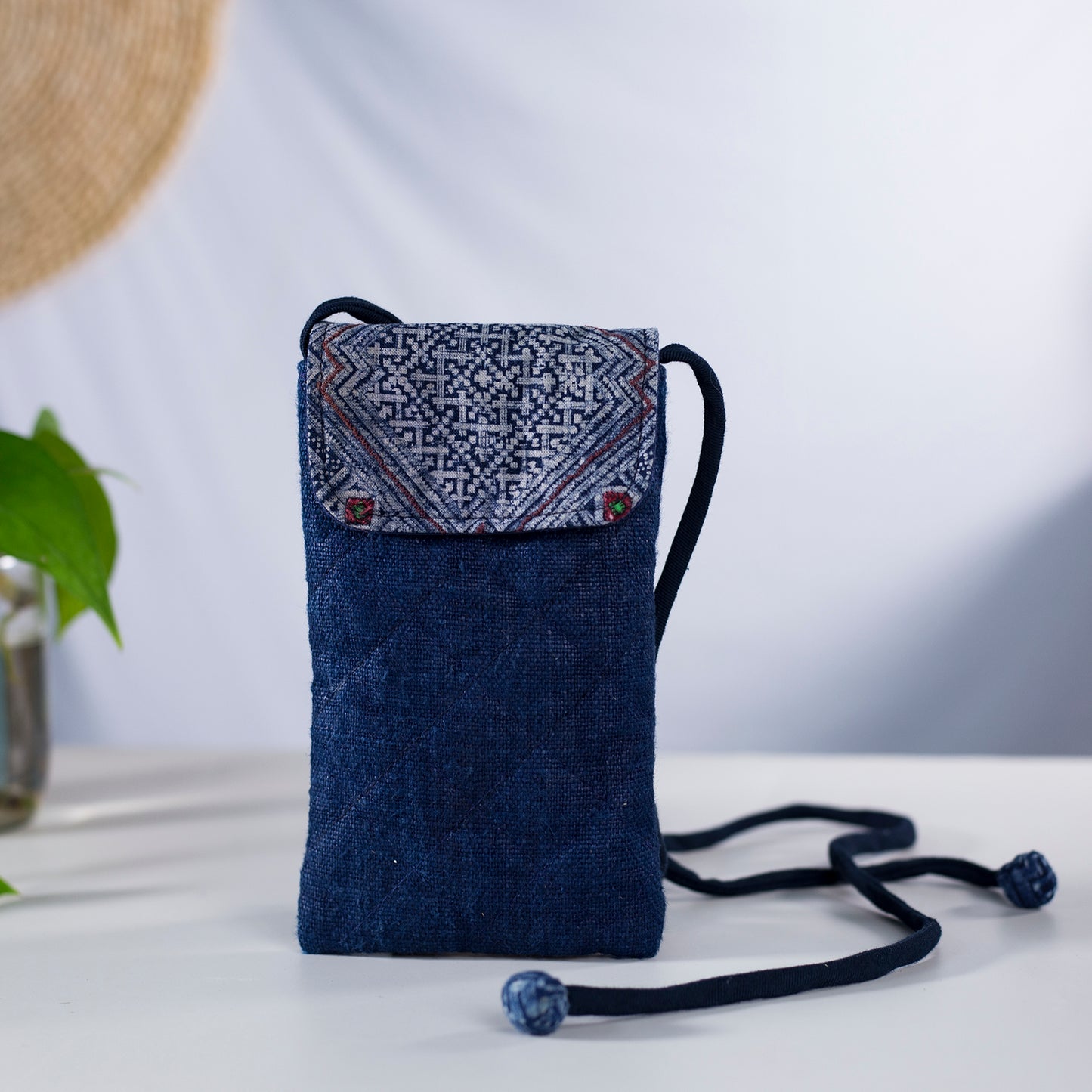 Cross-body phone bag, INDIGO BLUE hemp with batik fabric