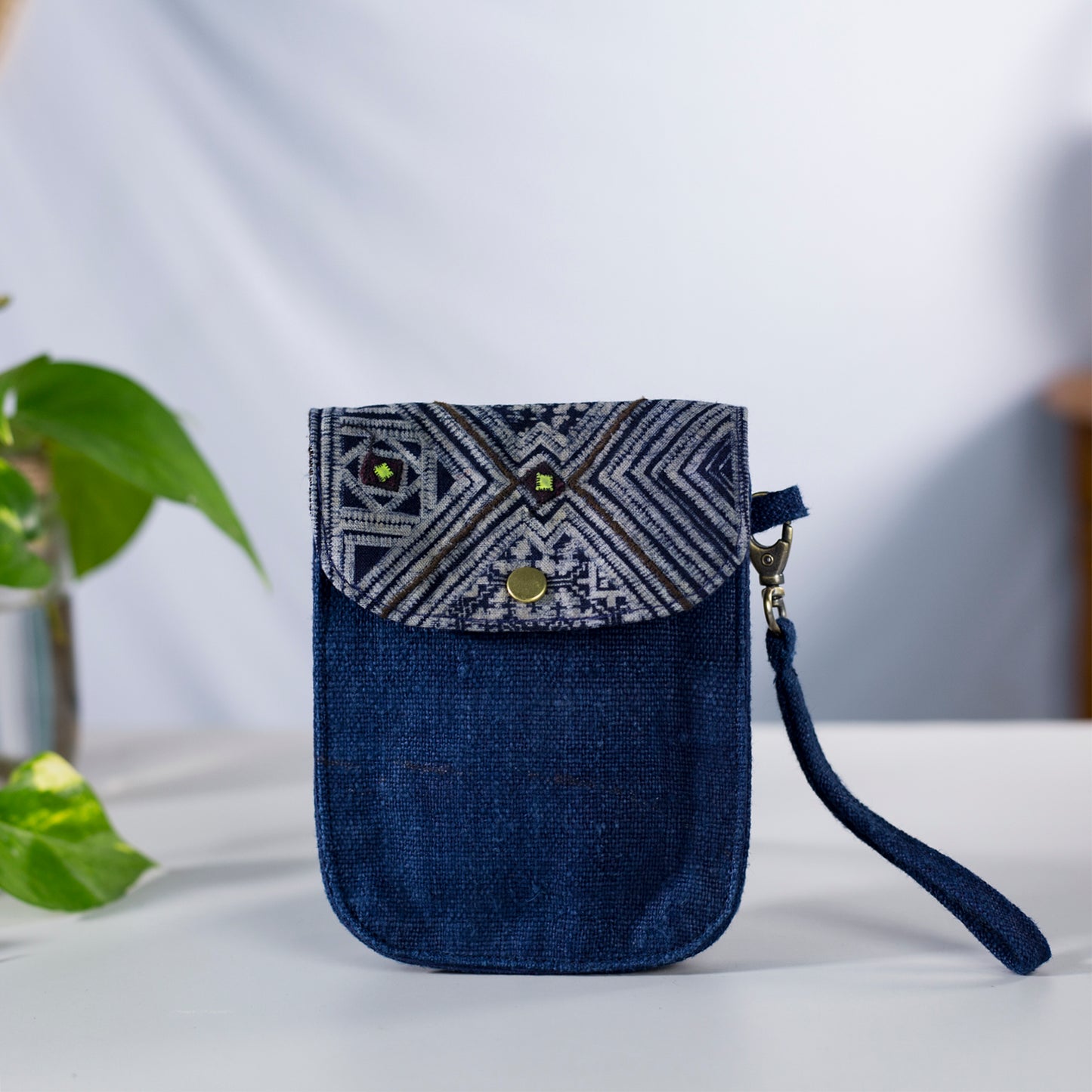 Flip phone belt bag, wrist bag option, natural hemp in INDIGO BLUE color