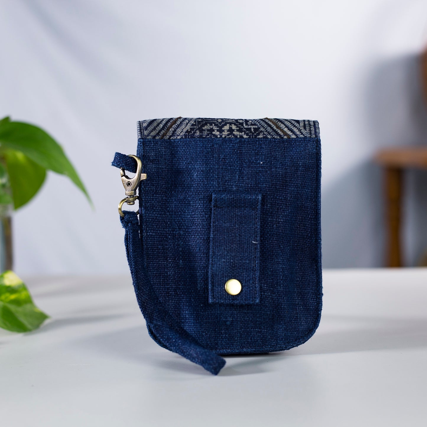 Flip phone belt bag, wrist bag option, natural hemp in INDIGO BLUE color