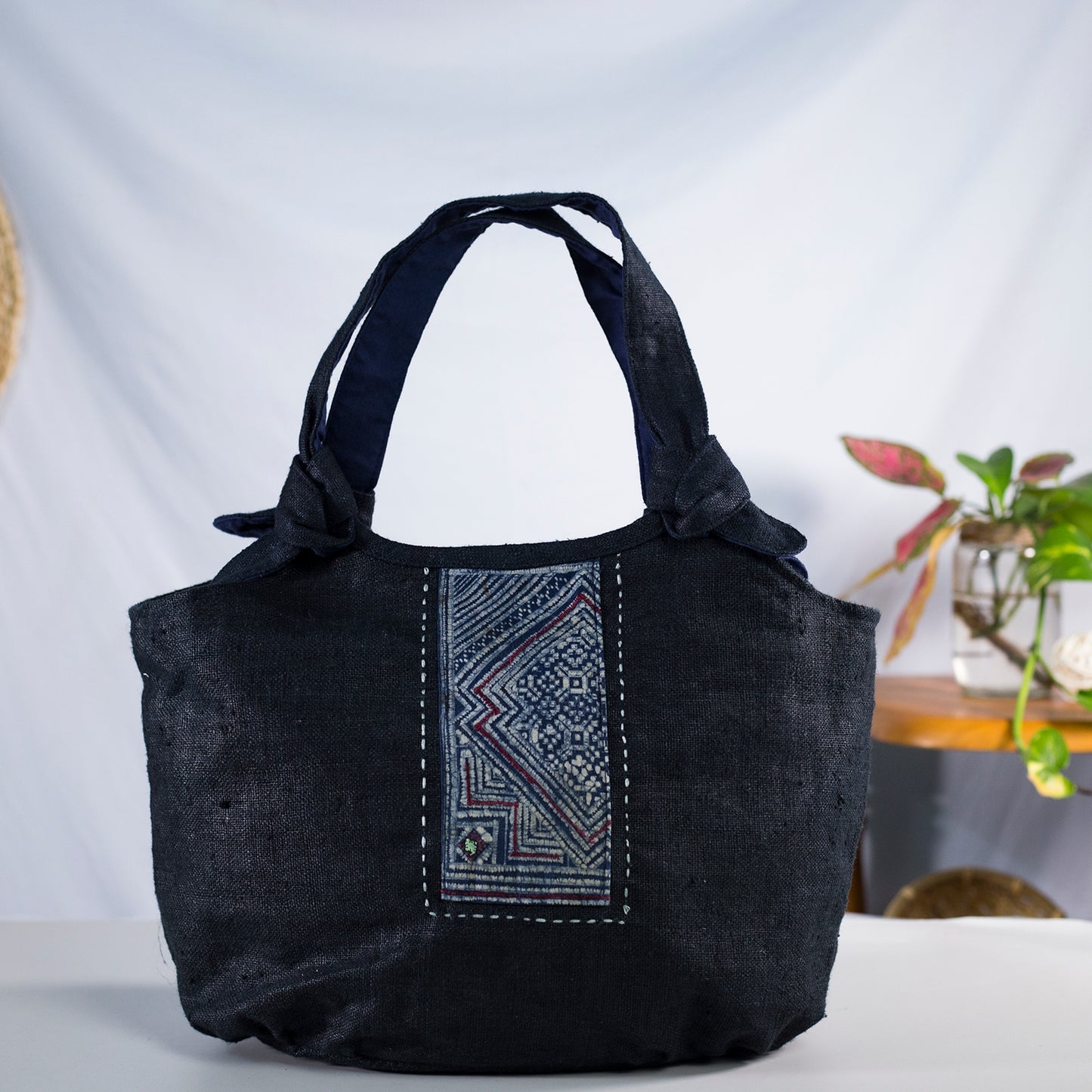 Bunny ear handbag, natural hemp in BLACK with vintage patch