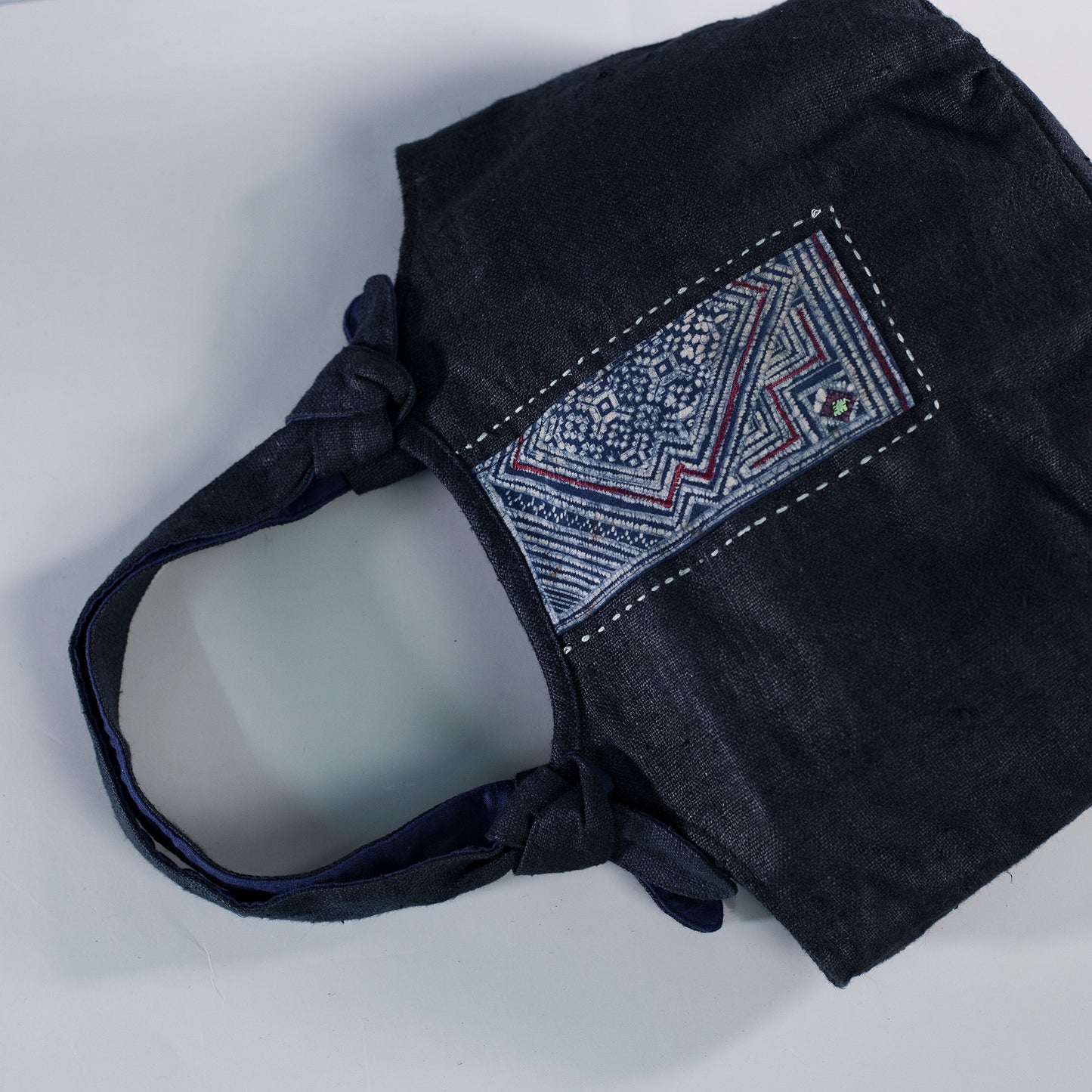 Bunny ear handbag, natural hemp in BLACK with vintage patch