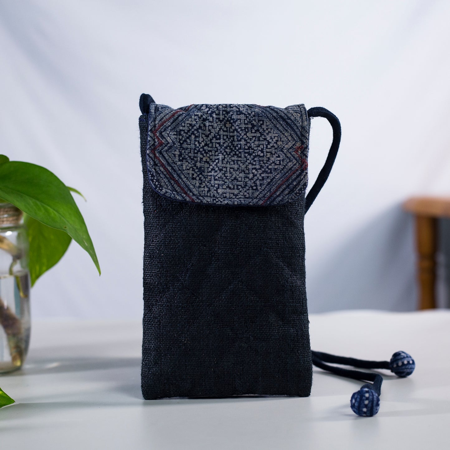 Cross-body phone bag, BLACK hemp with batik fabric