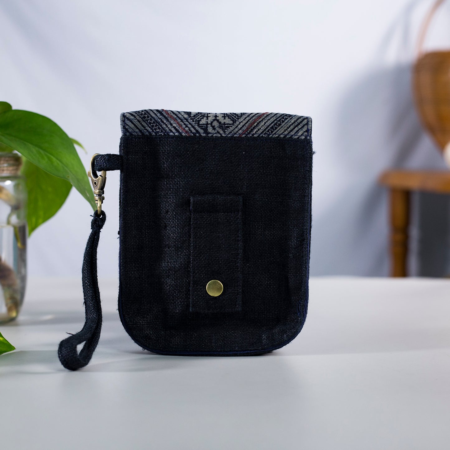 Flip phone belt bag, wrist bag option, natural hemp in BLACK color