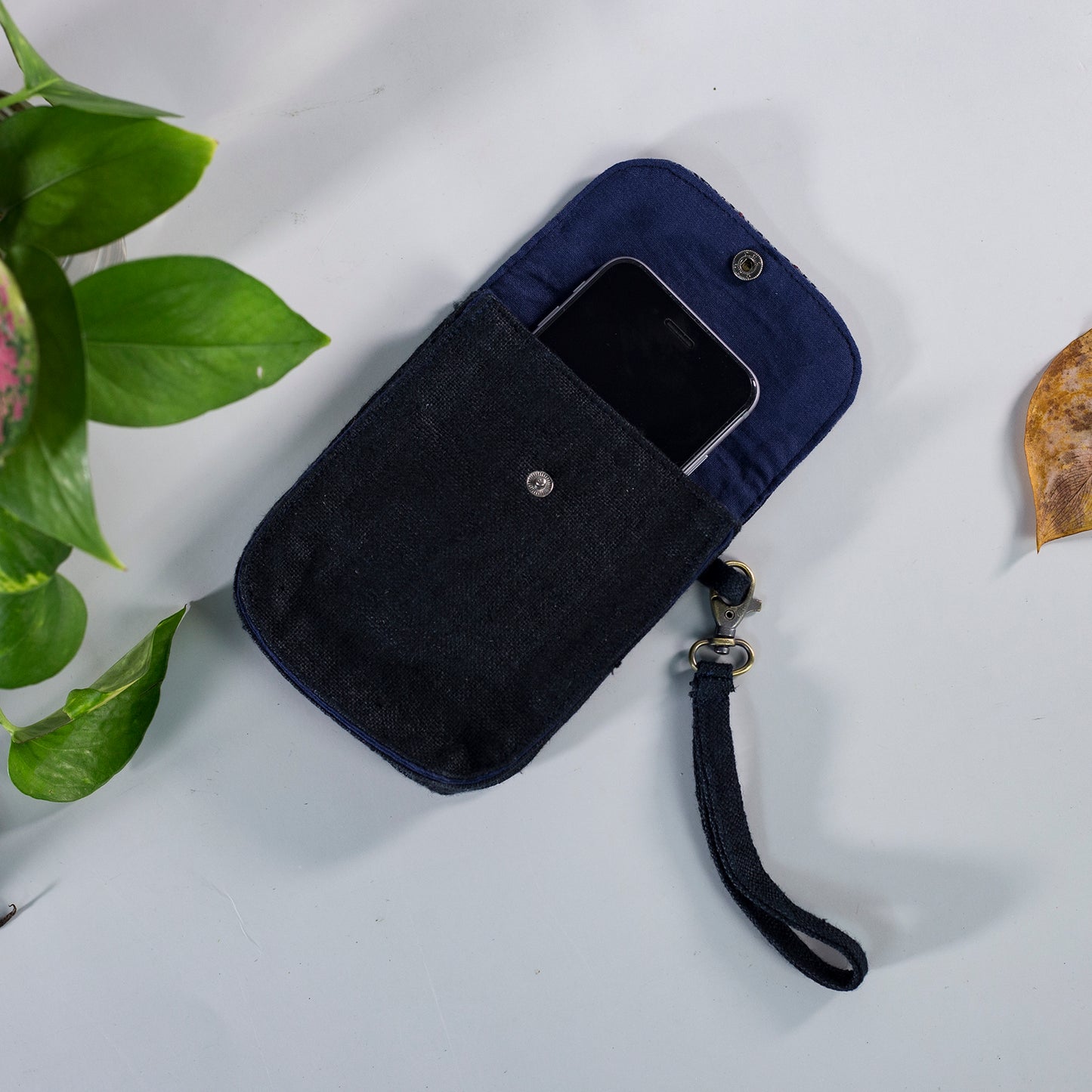 Flip phone belt bag, wrist bag option, natural hemp in BLACK color