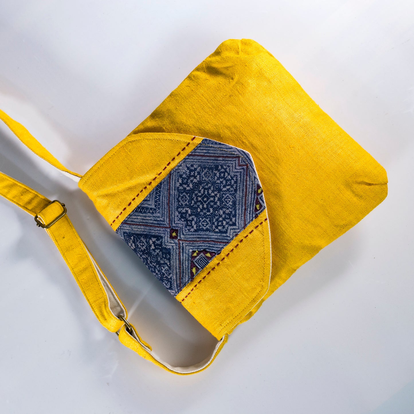 Purity Collection: Cross-body bag, natural hemp in YELLOW with vintage patch