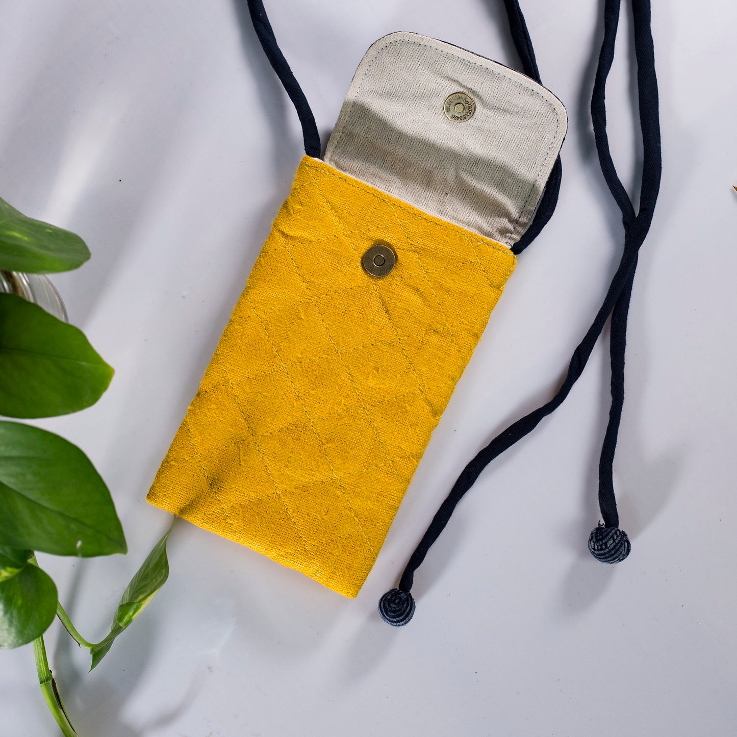 Cross-body phone bag, YELLOW hemp with batik fabric