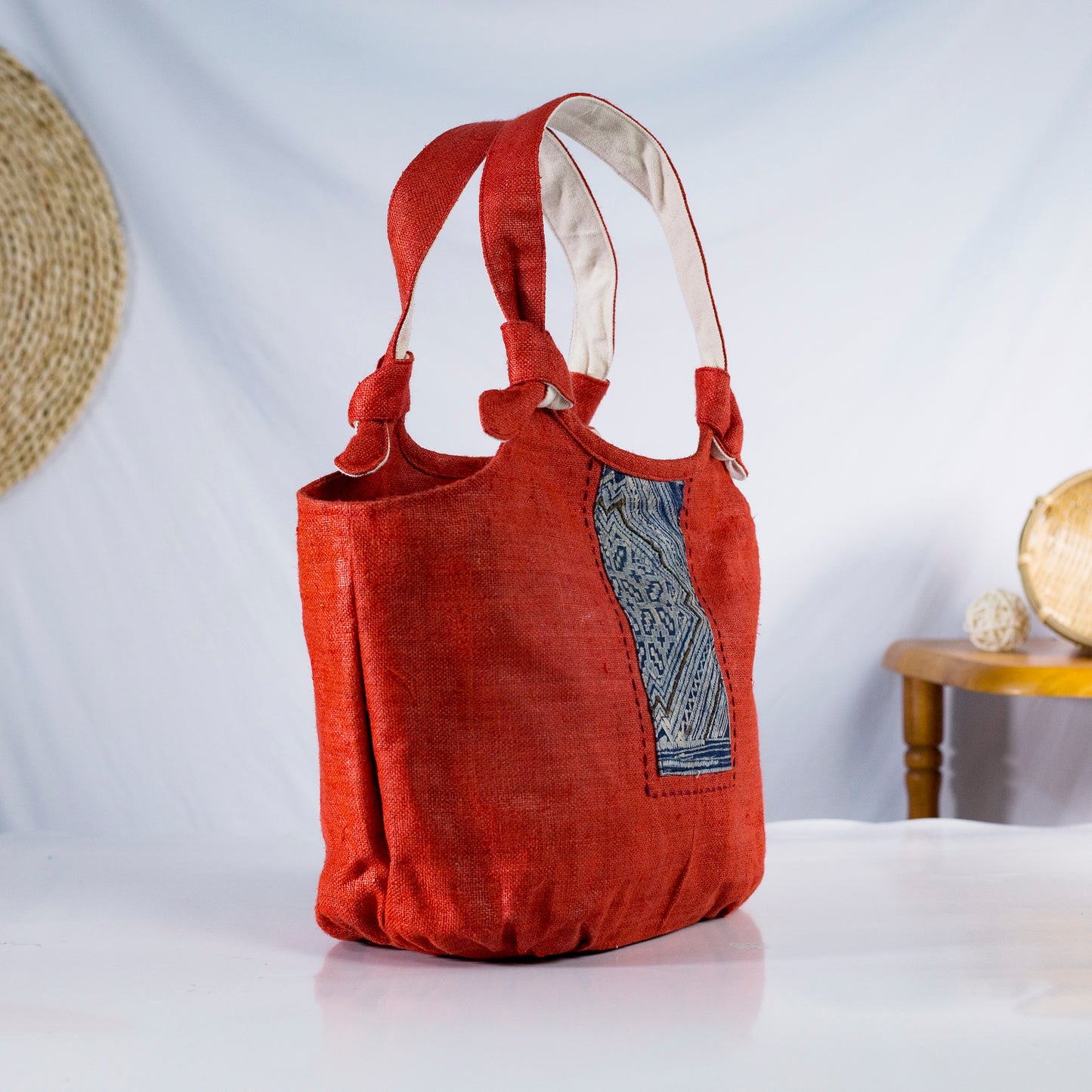 Bunny ear handbag, natural hemp in RED with vintage patch