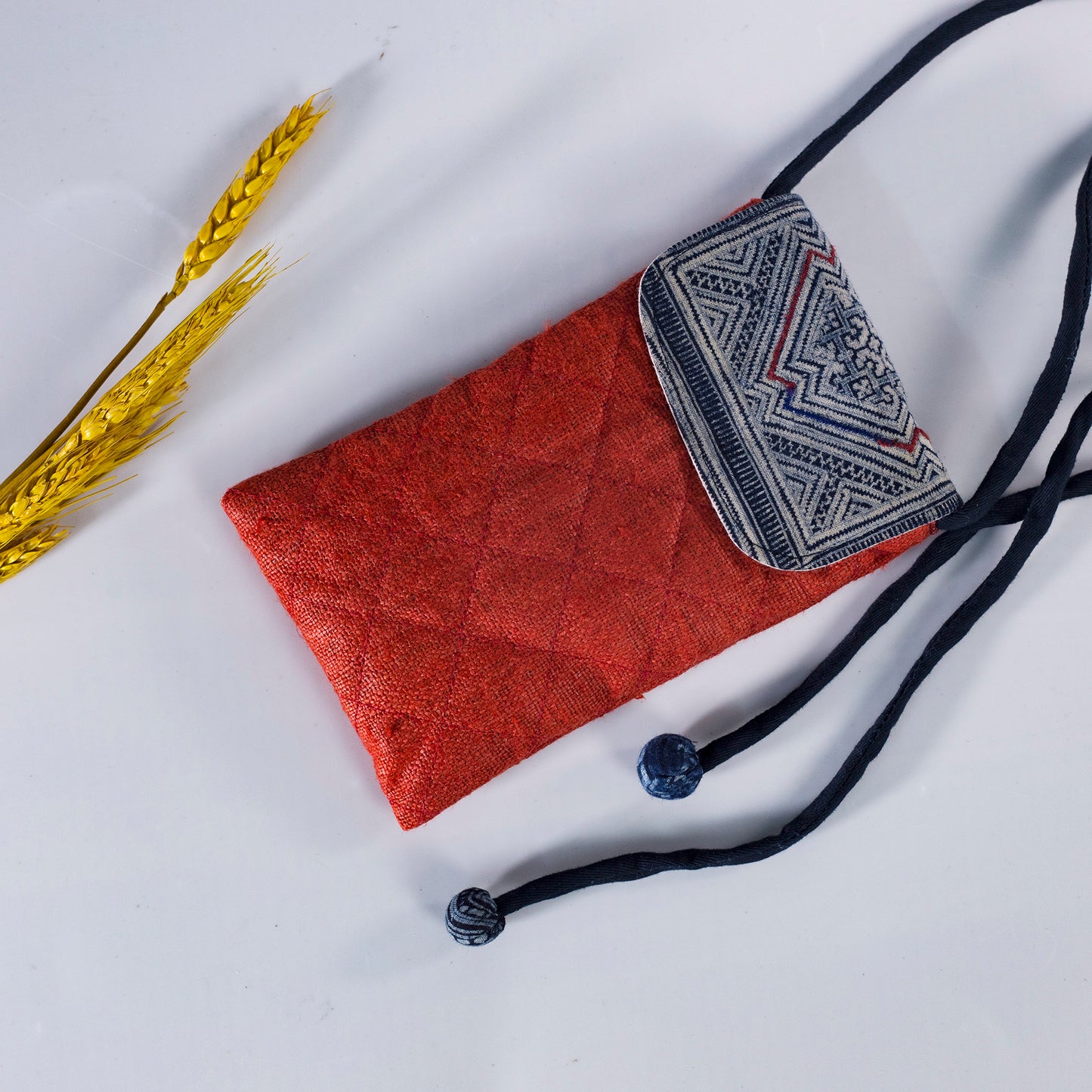 Cross-body phone bag, RED hemp with batik fabric