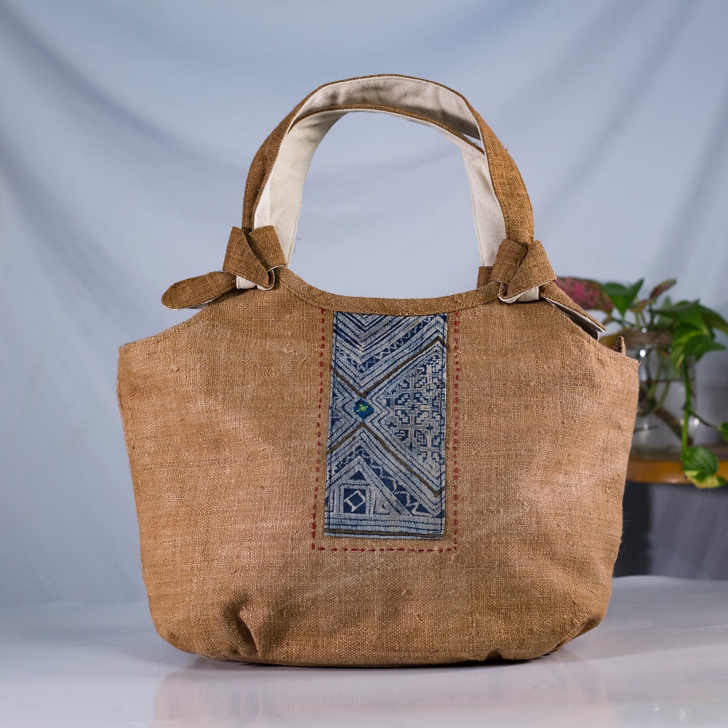Bunny ear handbag, natural hemp in BROWN with vintage patch