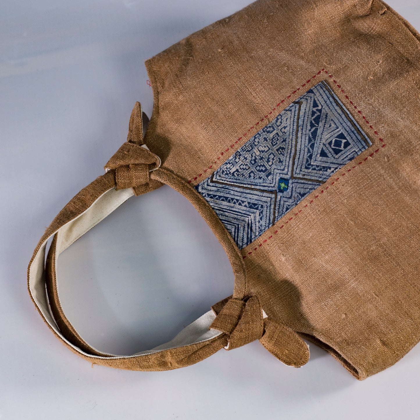 Bunny ear handbag, natural hemp in BROWN with vintage patch