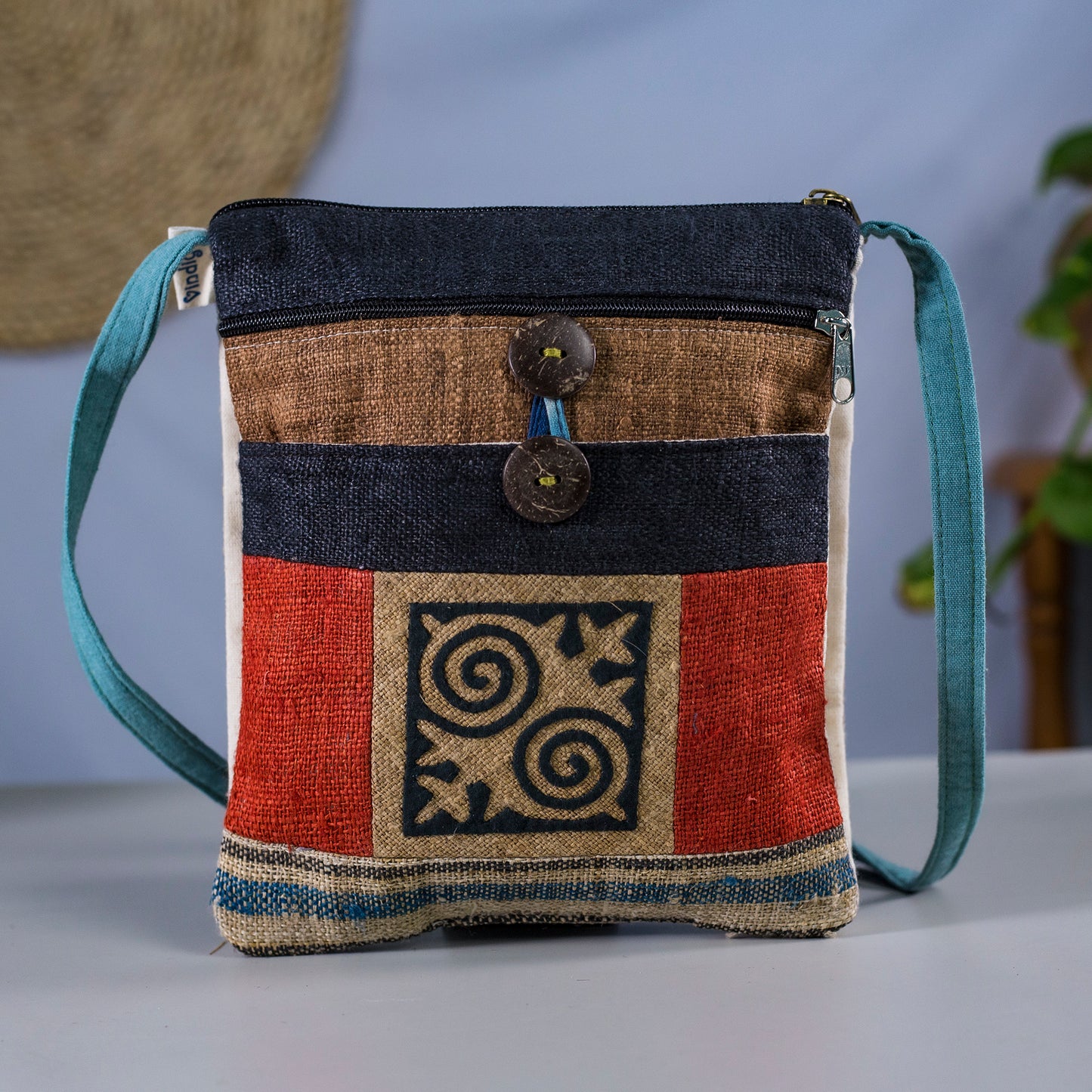 Unique Hemp cross shoulder bag, naturally dyed, mix colors, hand-embroidered