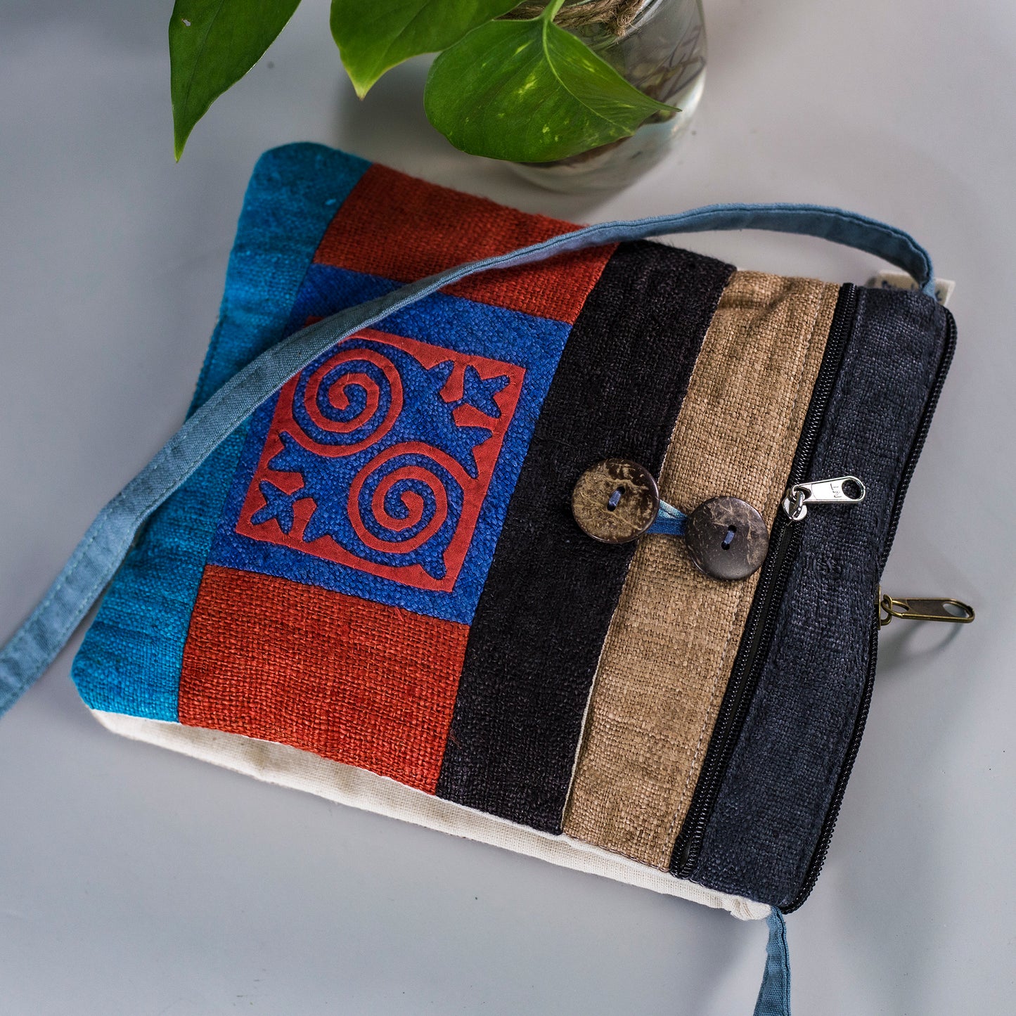 Unique Hemp cross shoulder bag, naturally dyed, mix colors, hand-embroidered