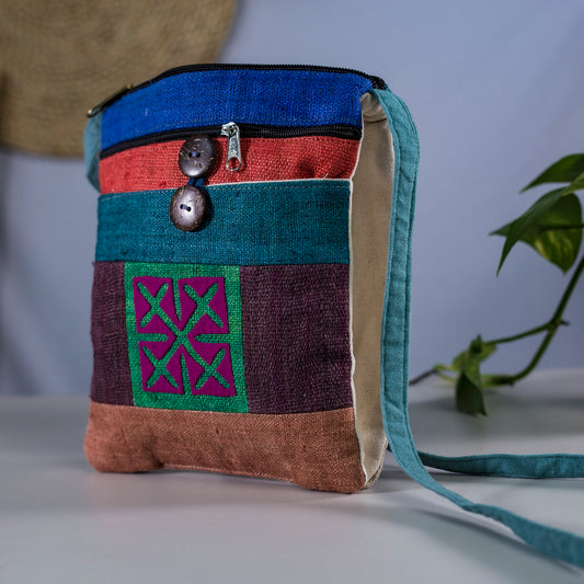 Unique Hemp cross shoulder bag, naturally dyed, mix colors, hand-embroidered