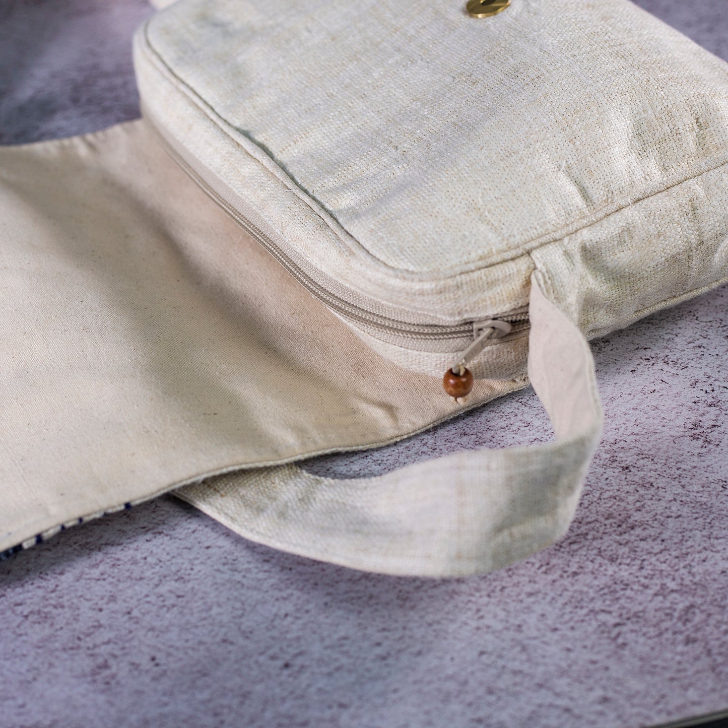 Natural hemp cross-body bag, batik and hand-stitched flap