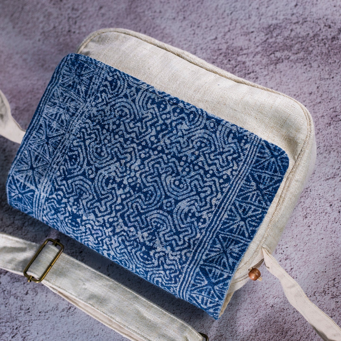 Crossbody bag from natural white hemp with batik flap