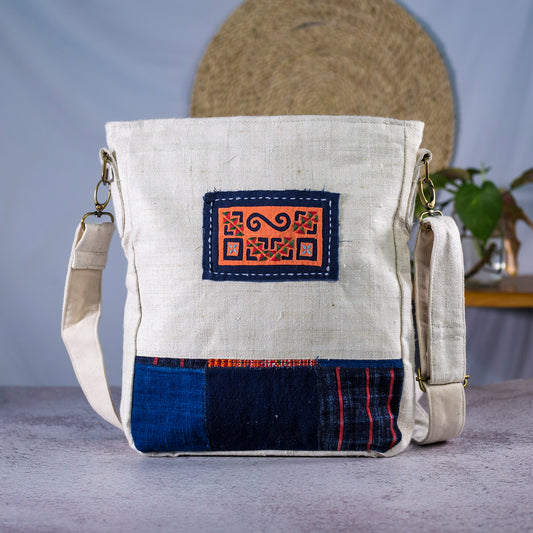 Unique crossbody bag from natural handwoven hemp with H'mong patch