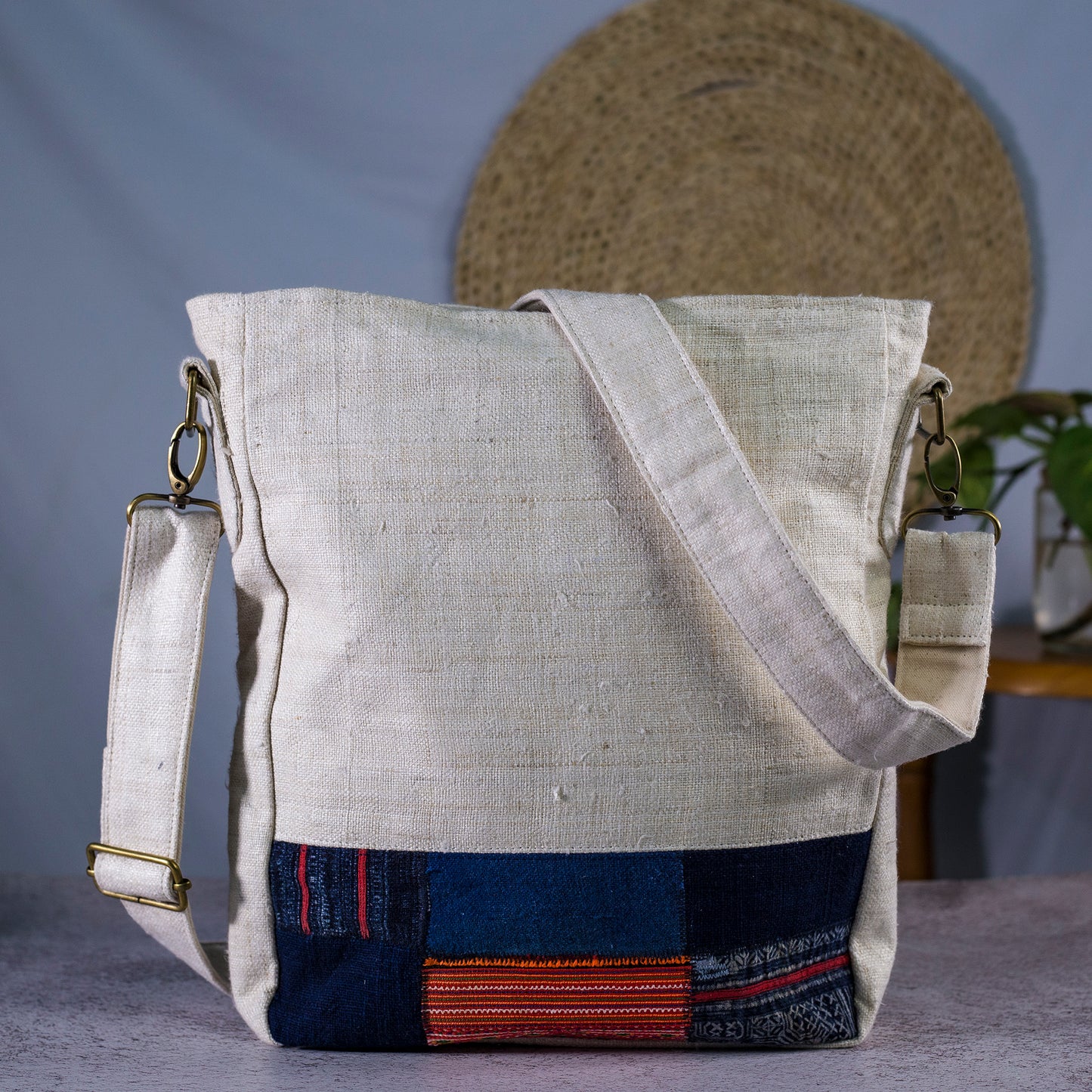 Unique crossbody bag from natural handwoven hemp with H'mong patch
