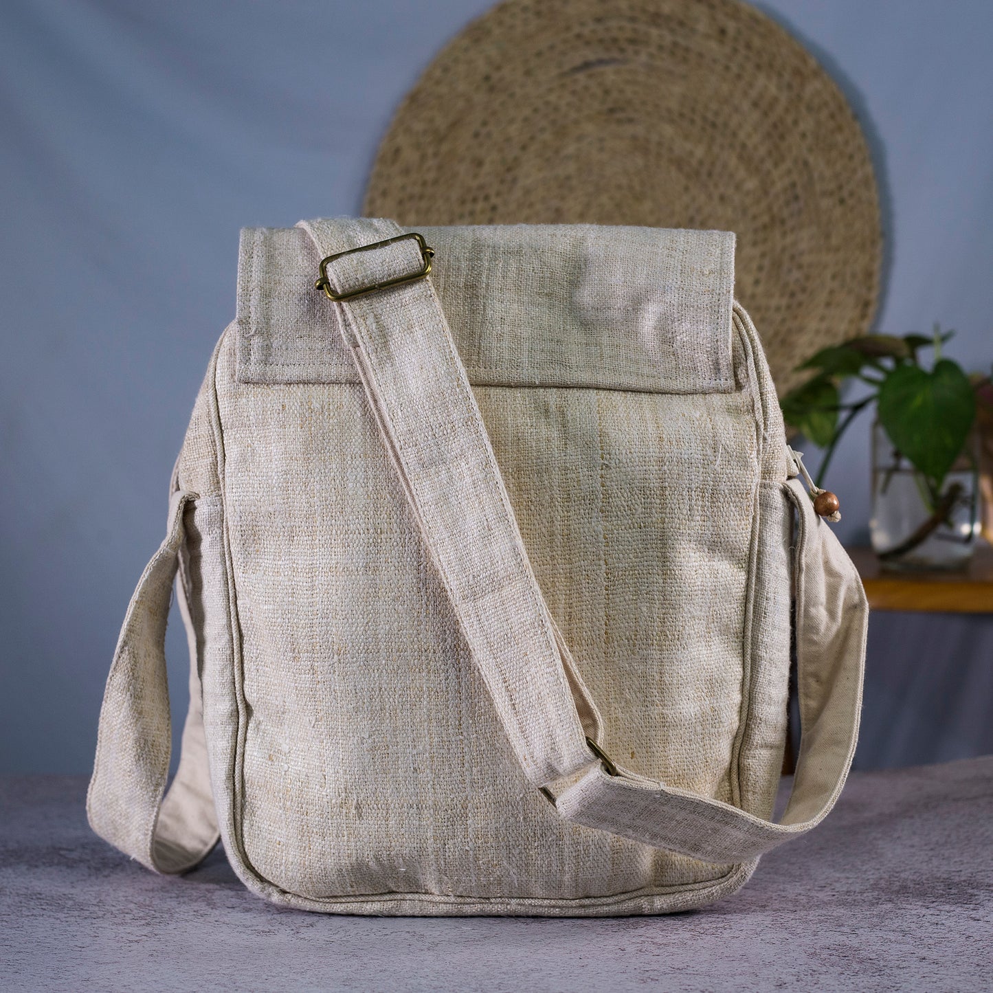 Natural beige hemp cross-body bag, batik and hand-stitched flap