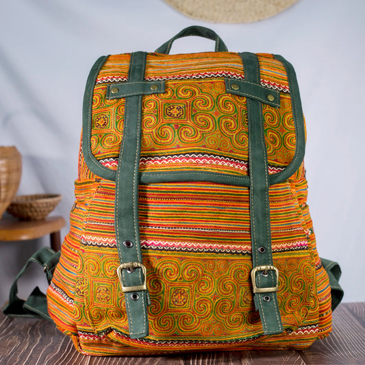 Big-sized backpack, orange hand-embroidery fabric, faux leather trim, moss green color