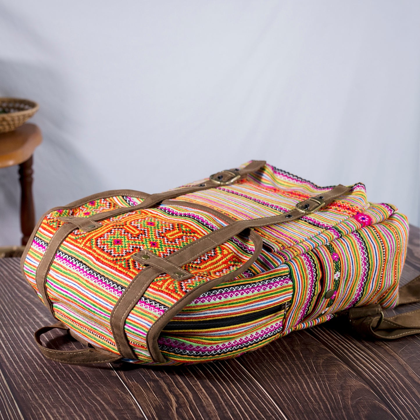 Big-sized backpack, orange hand-embroidery fabric, brown faux leather trim