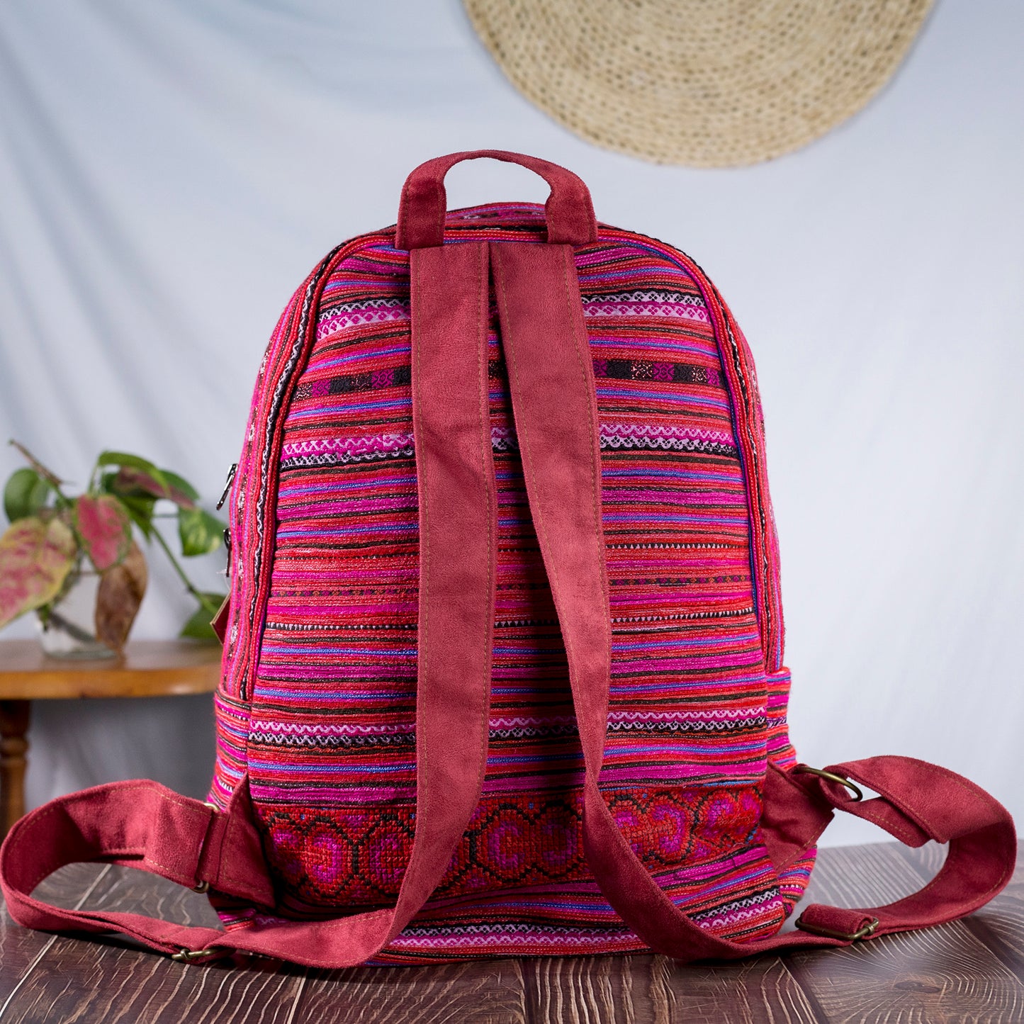 Big-sized backpack, pink hand-embroidery fabric, pink faux leather trim