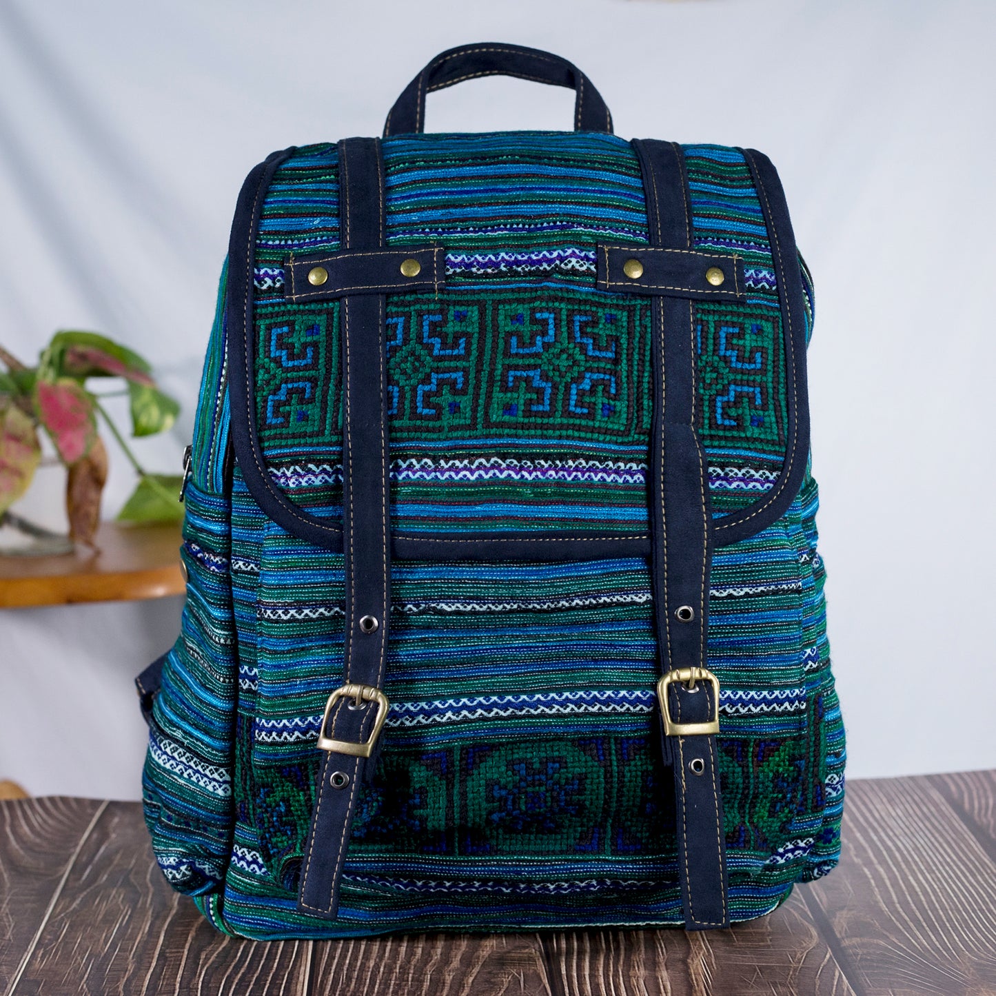 Big-sized backpack, blue hand-embroidery fabric, dark blue faux leather trim
