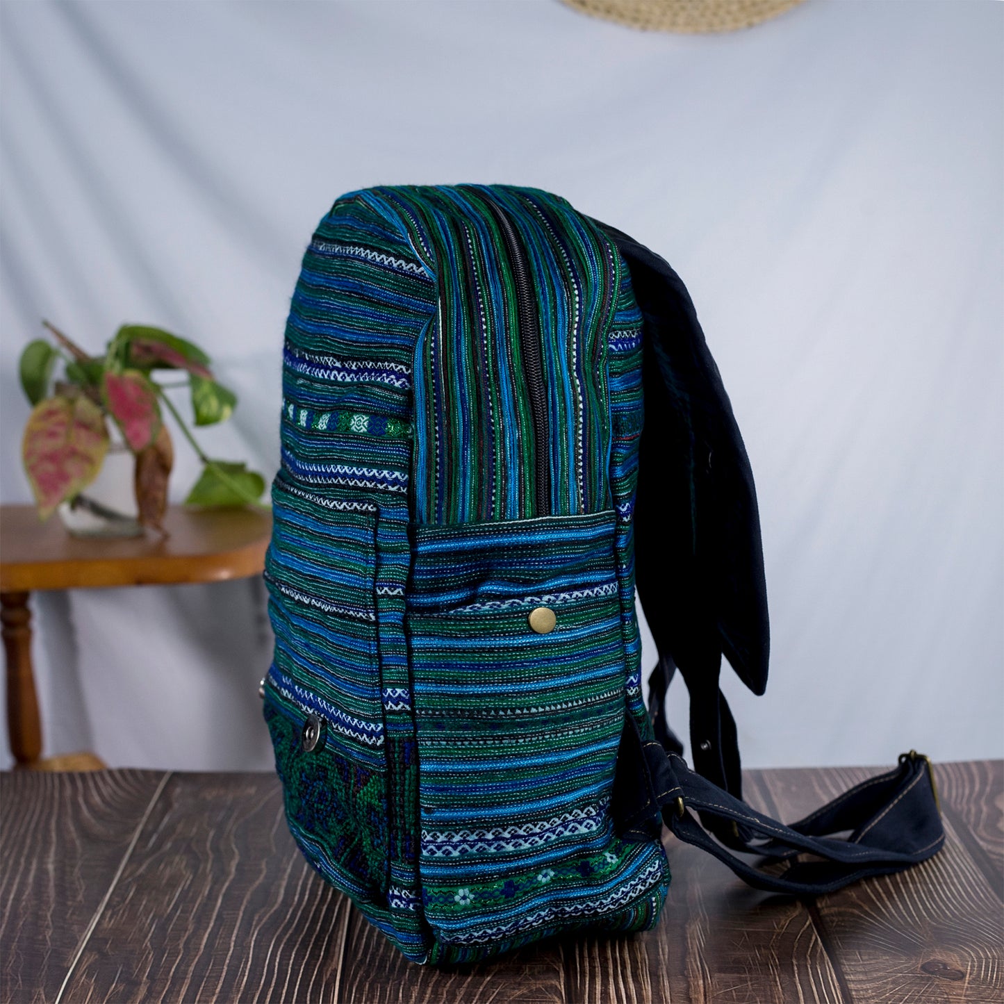 Big-sized backpack, blue hand-embroidery fabric, dark blue faux leather trim
