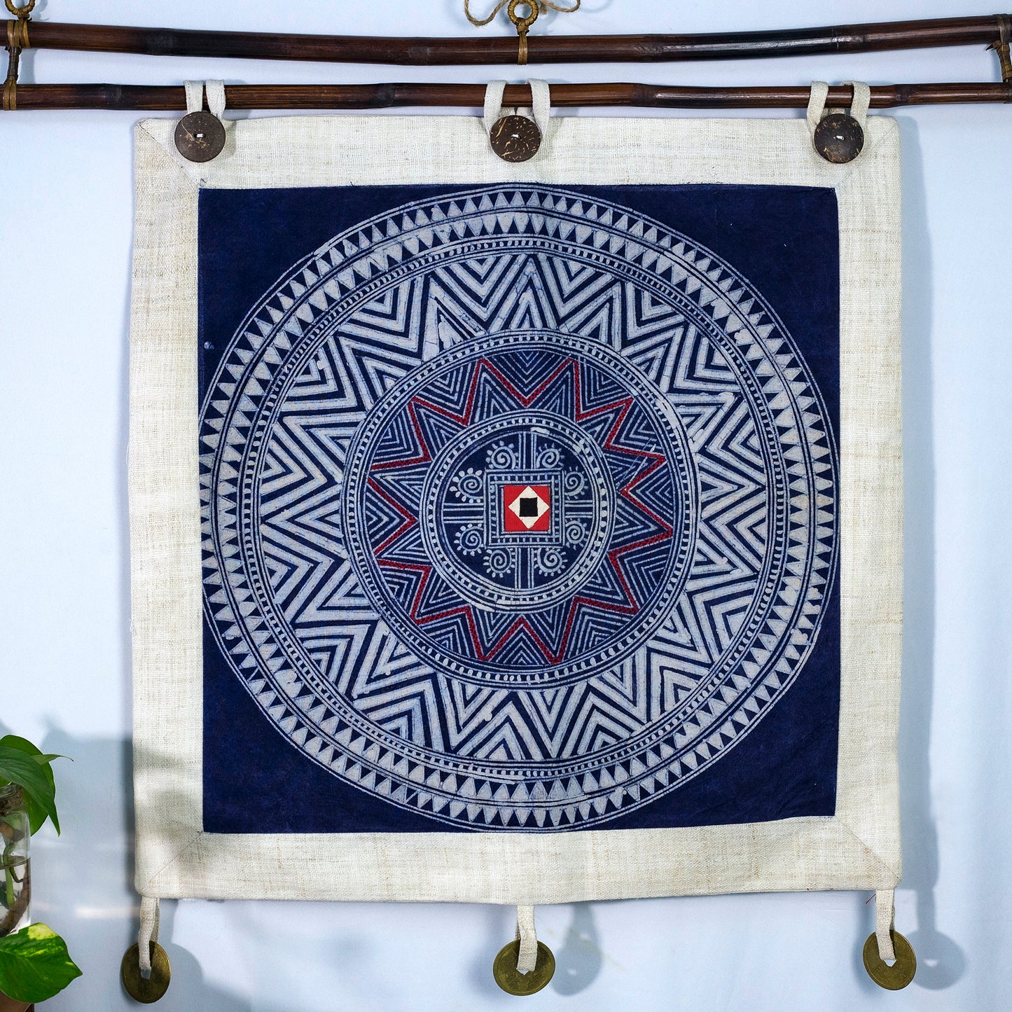 Wall hanging tapestry, Blue H'mong pattern, Hemp and Batik