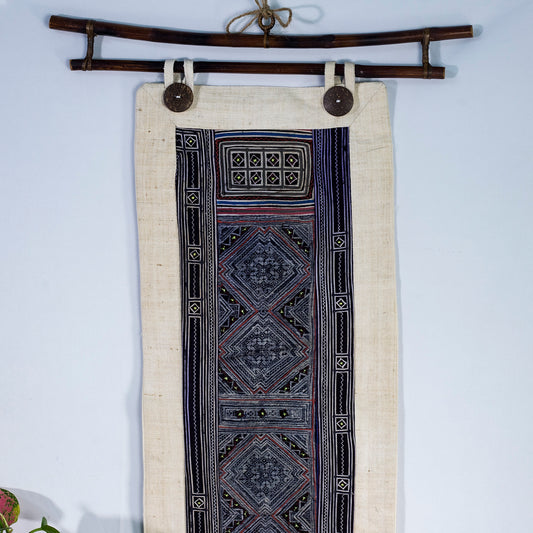 Wall hanging tapestry, H'mong pattern, Hemp and Batik