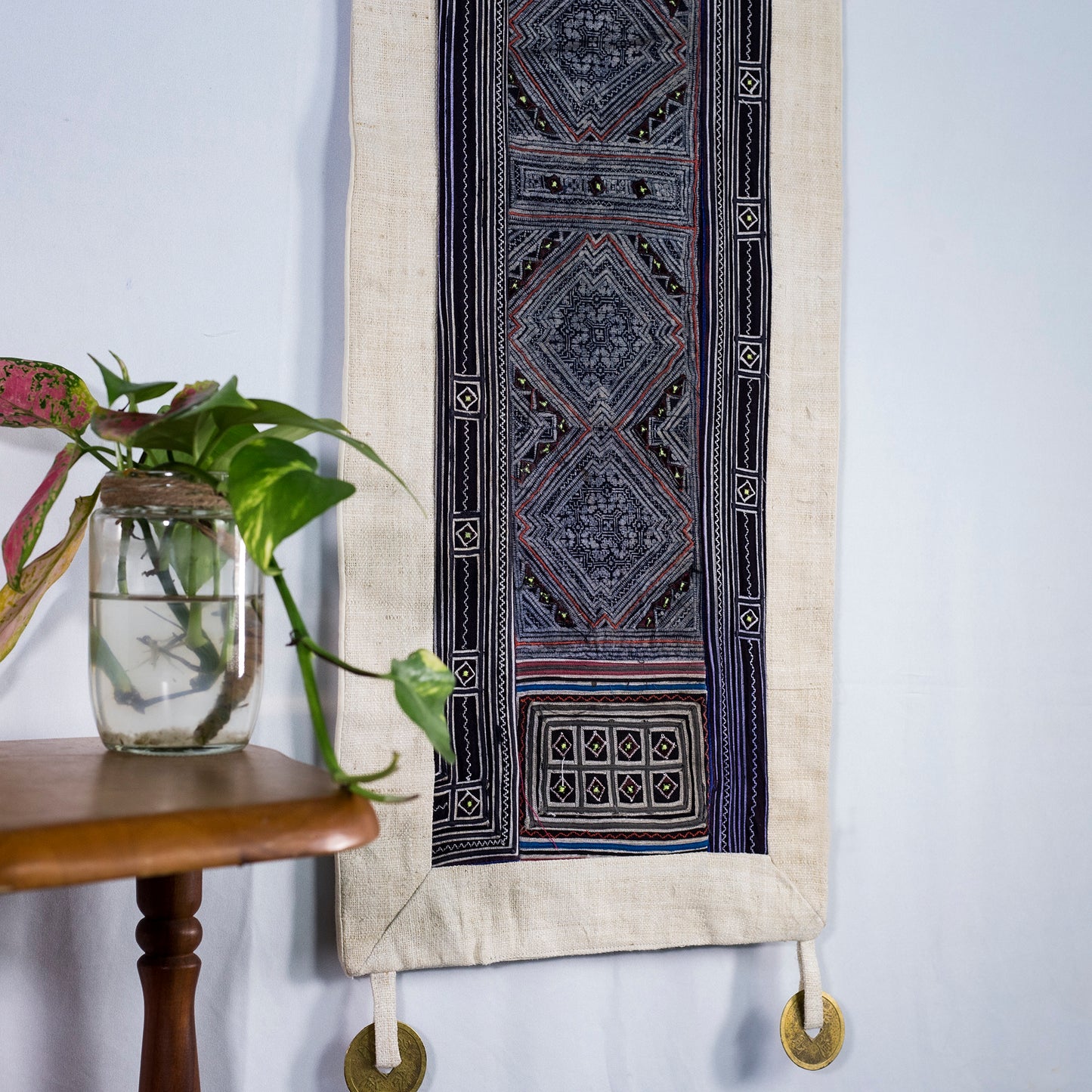 Wall hanging tapestry, H'mong pattern, Hemp and Batik