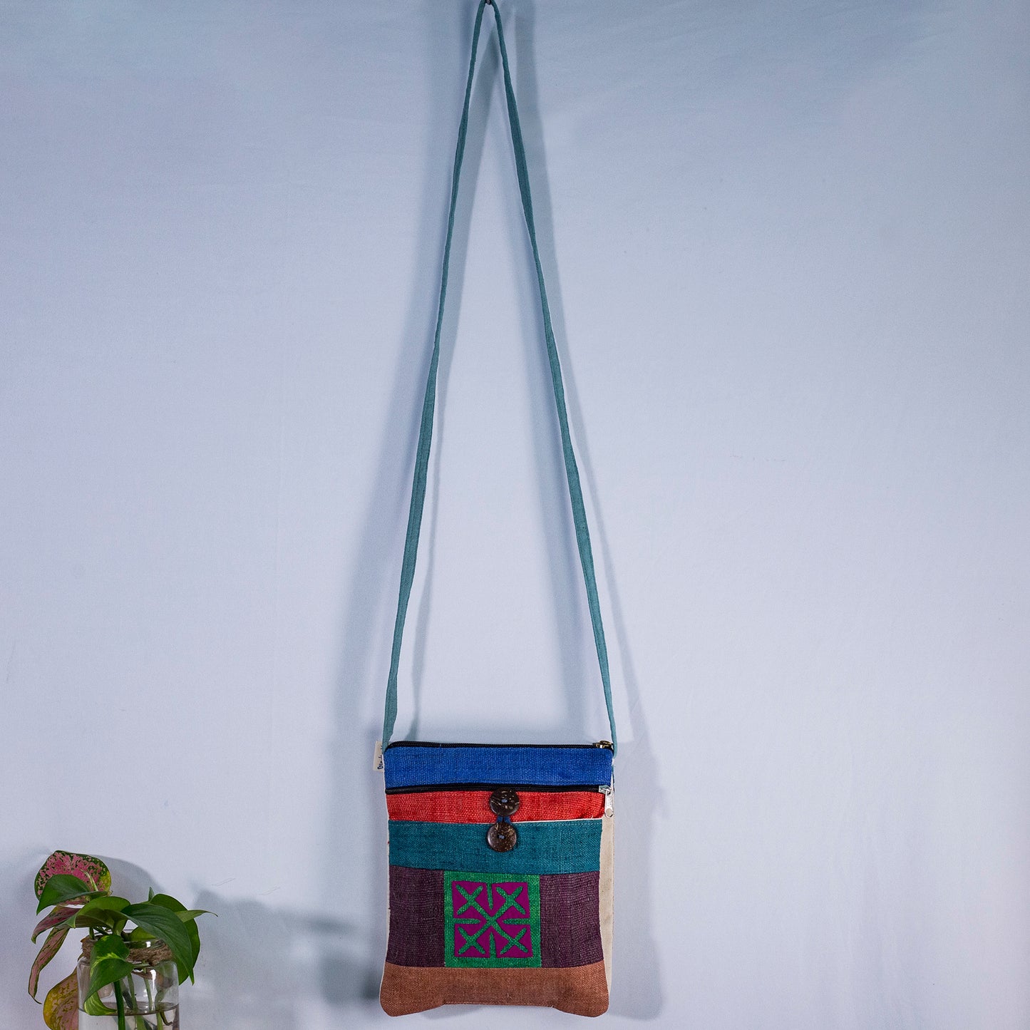 Unique Hemp cross shoulder bag, naturally dyed, mix colors, hand-embroidered