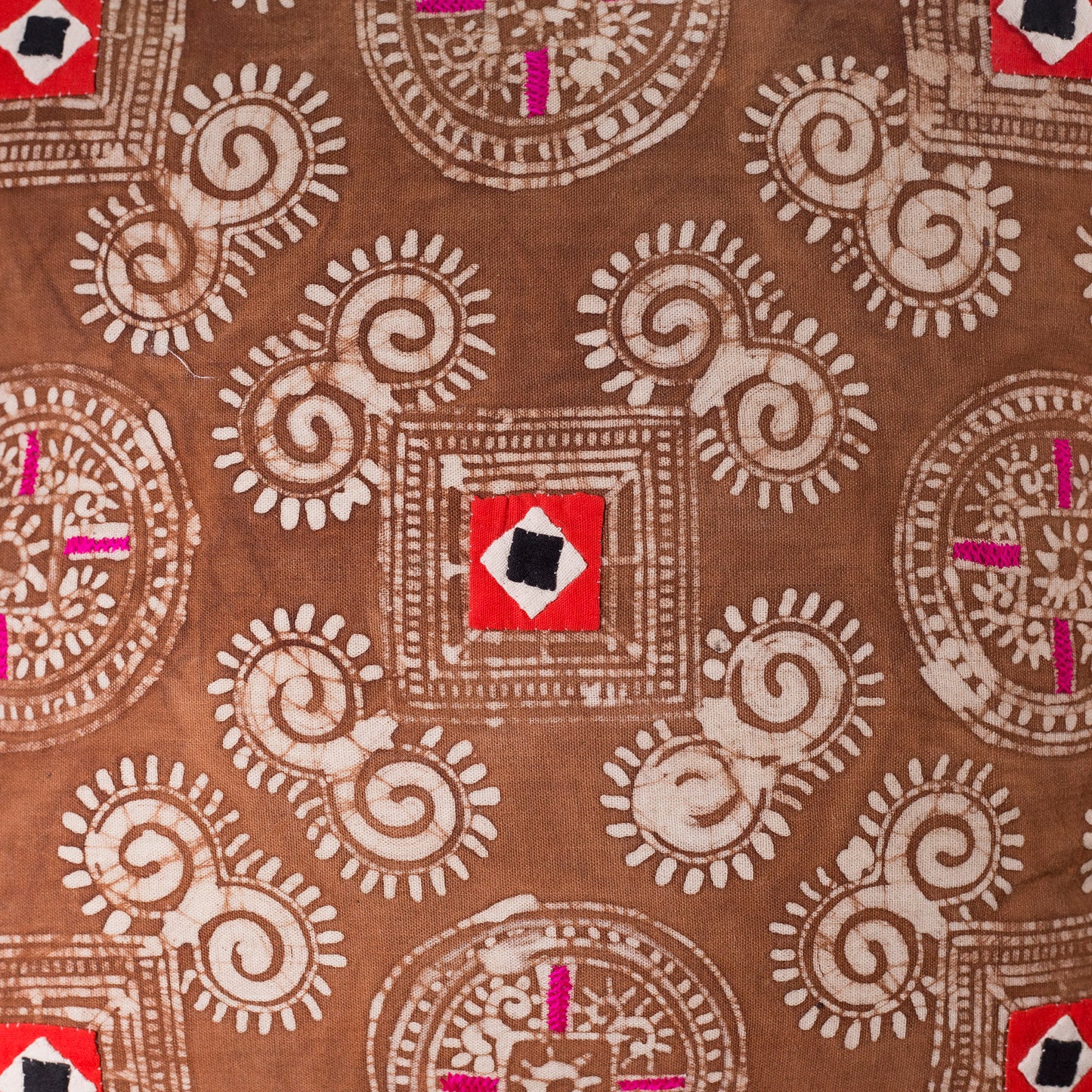 Brown Batik Cushion Cover - H'mong pattern, hand-stitches