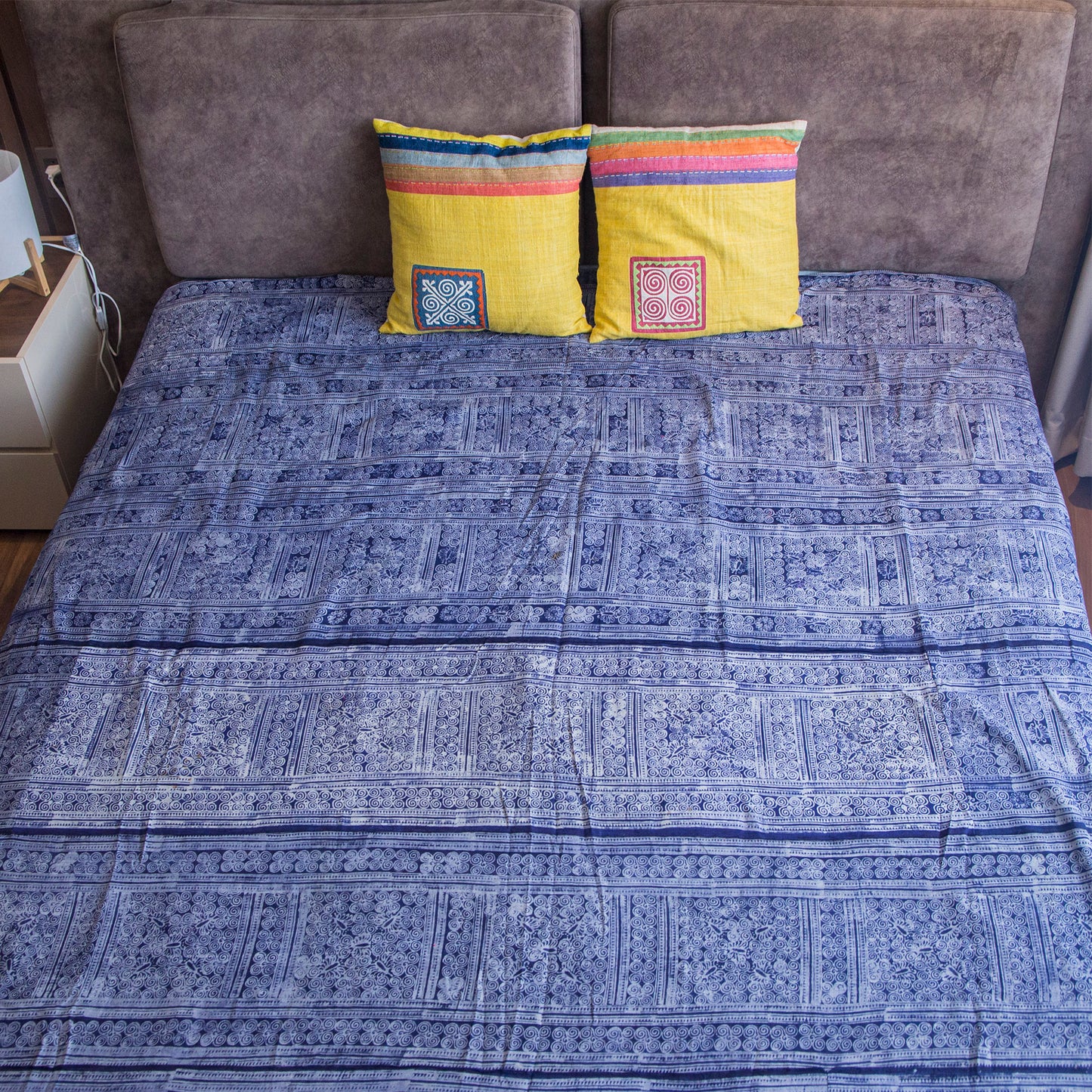 Unique blue embroidery, dual-sized bed cover for king and queen sized beds