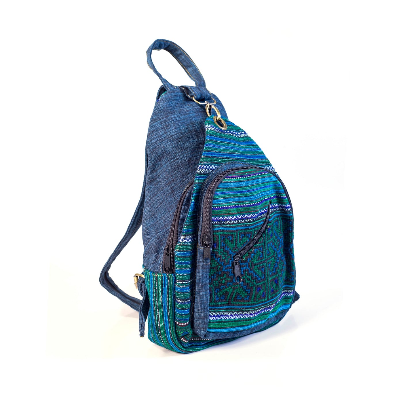 Multi-purpose backpack and sling, blue hand-embroidery fabric, dark blue trim