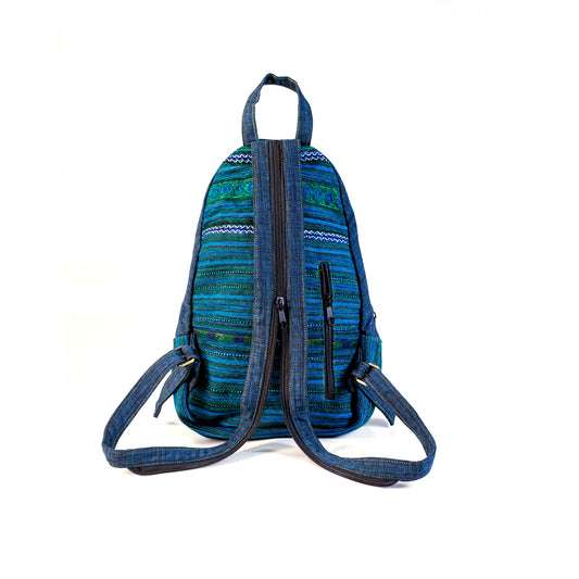 Multifunktionell ryggsäck och sele, blått handbroderityg, mörkblå kant