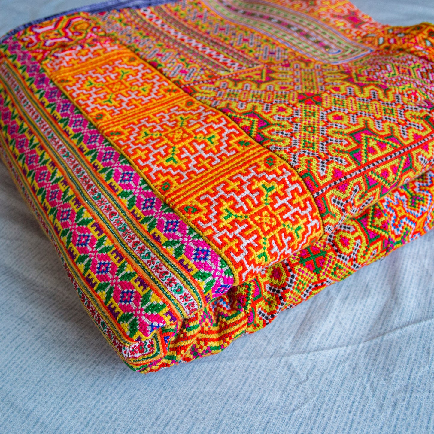One of its kind cross stitched embroidery bed cover, authentic H'mong fabric, dual-sized, king and queen sized beds