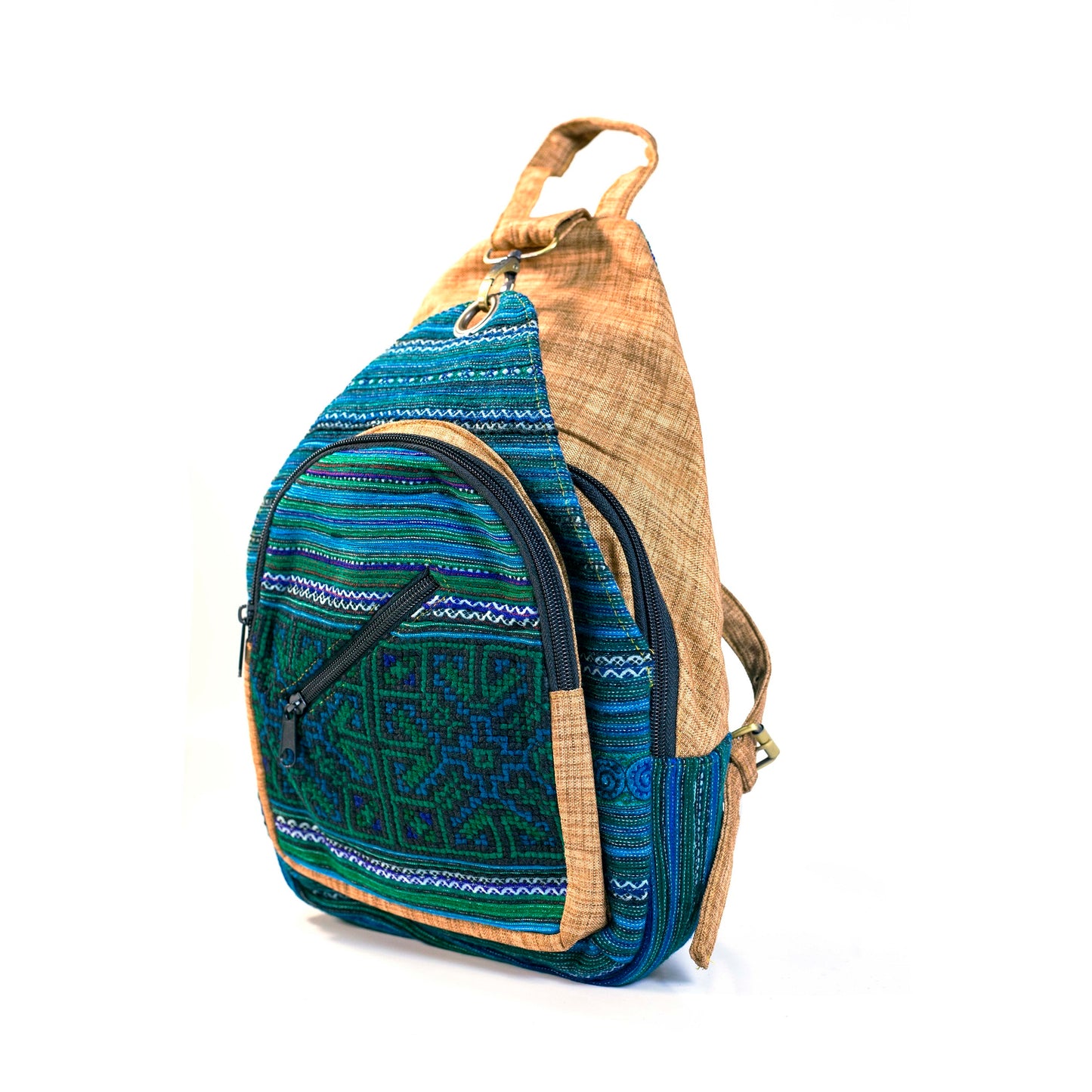 Multifunktionell ryggsäck och sele, blått handbroderityg, ljusorange kant