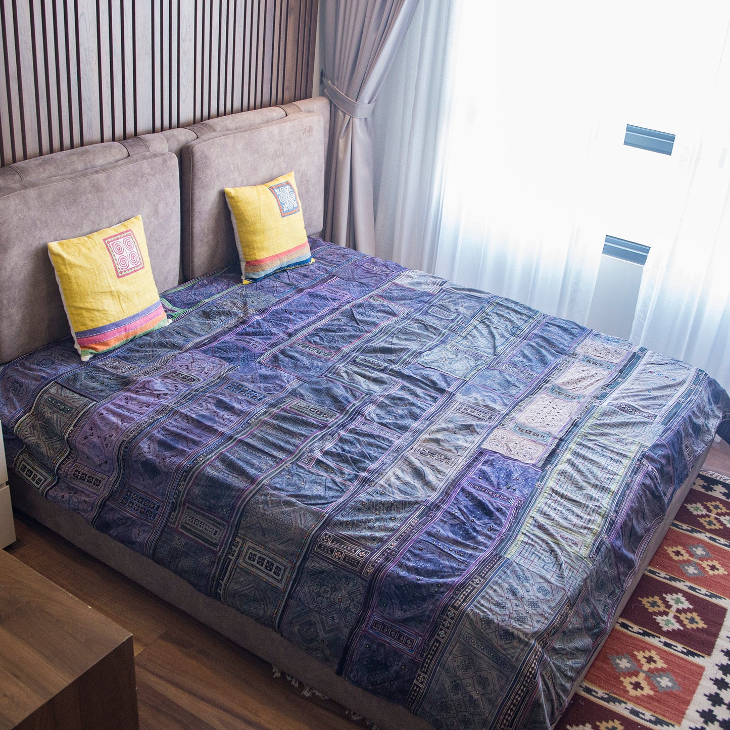 Handmade batik, H'mong authentic fabric, dual-sized bed cover for king and queen sized beds