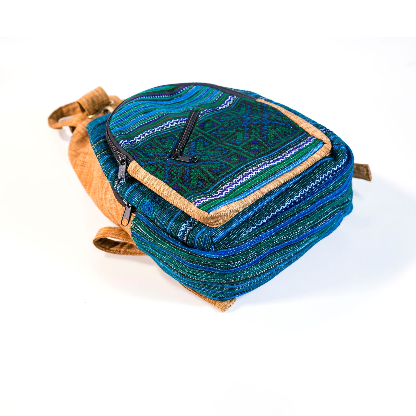 Multifunktionell ryggsäck och sele, blått handbroderityg, ljusorange kant
