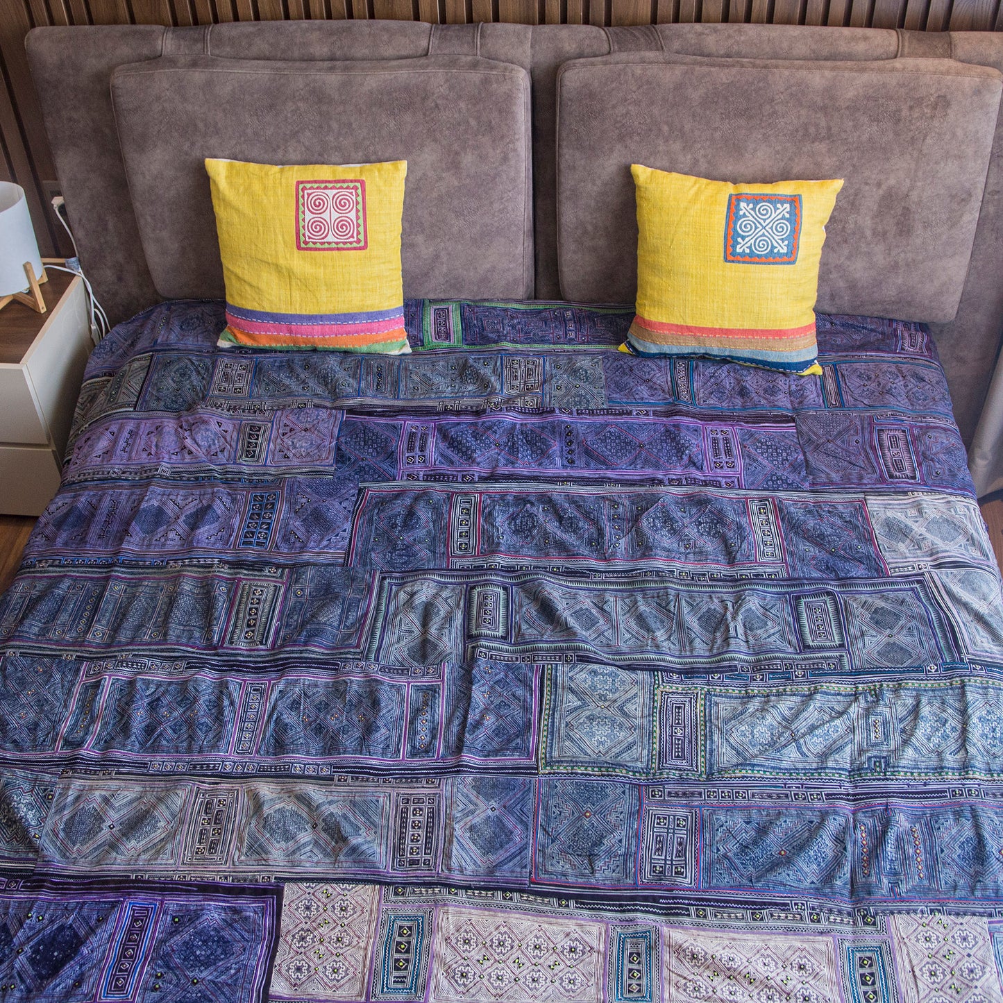 Handmade batik, H'mong authentic fabric, dual-sized bed cover for king and queen sized beds