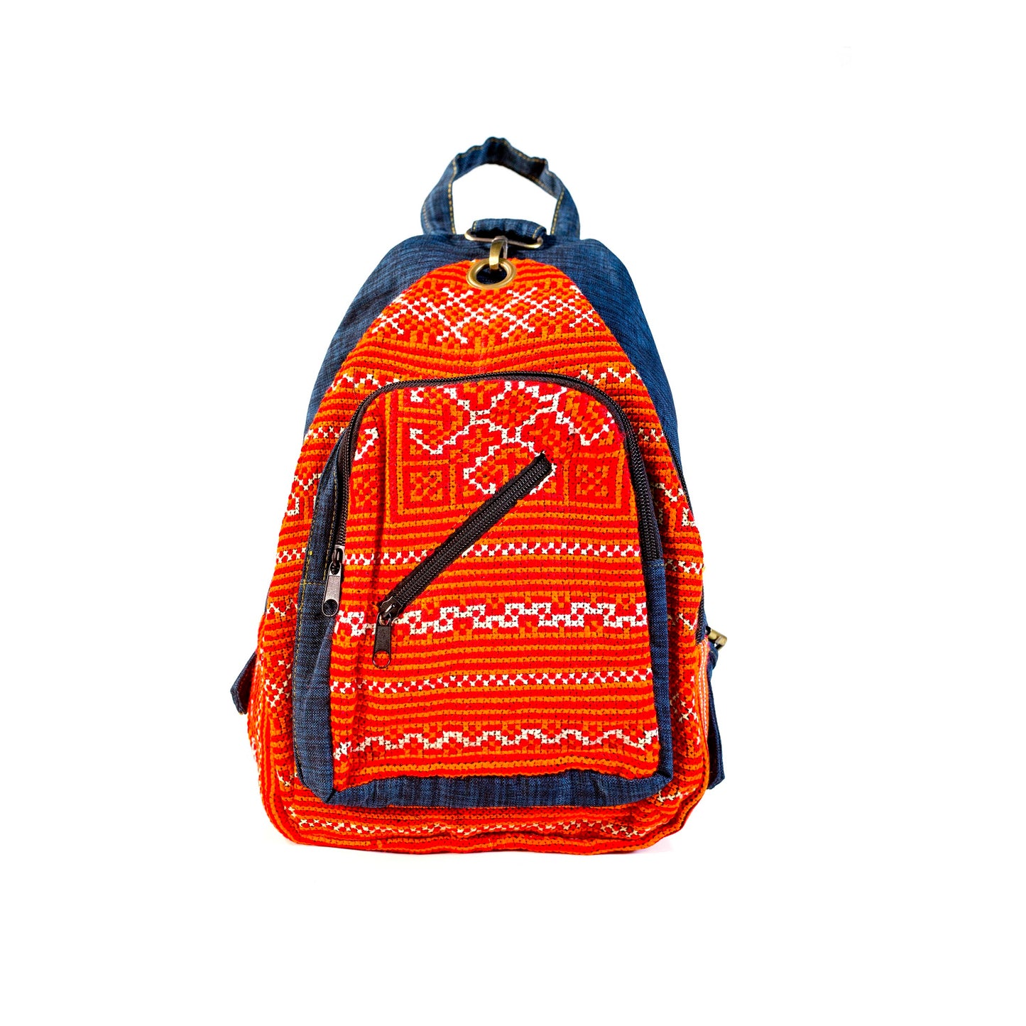 Multifunktionell ryggsäck och sele, rött handbroderityg, blå kant