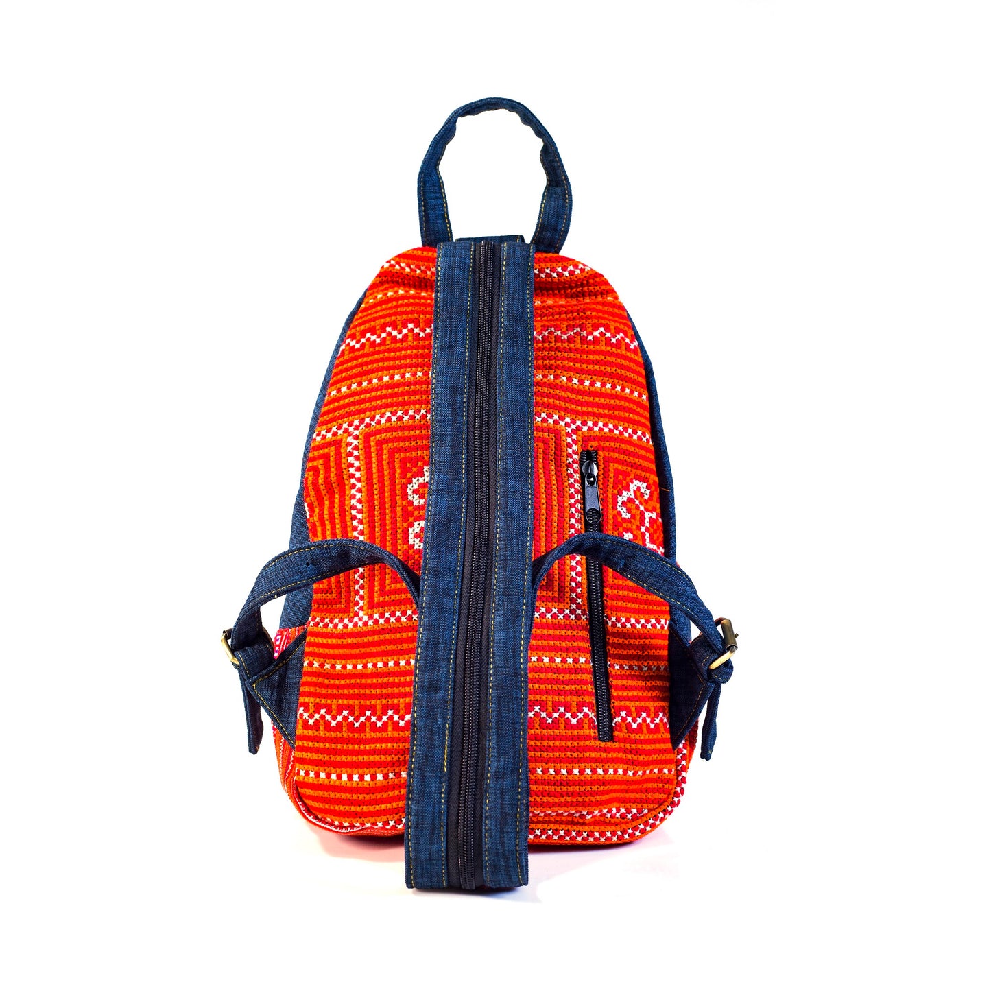 Multi-purpose backpack and sling, red hand-embroidery fabric, blue trim
