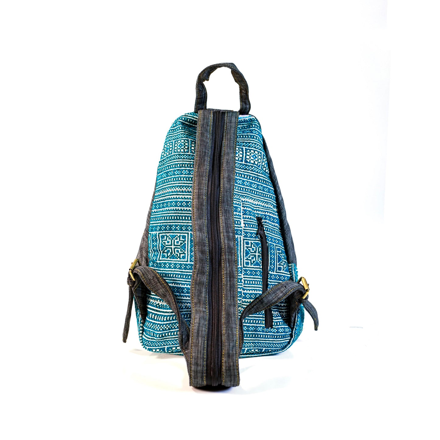 Multi-purpose backpack and sling, light blue hand-embroidery fabric, dark blue trim