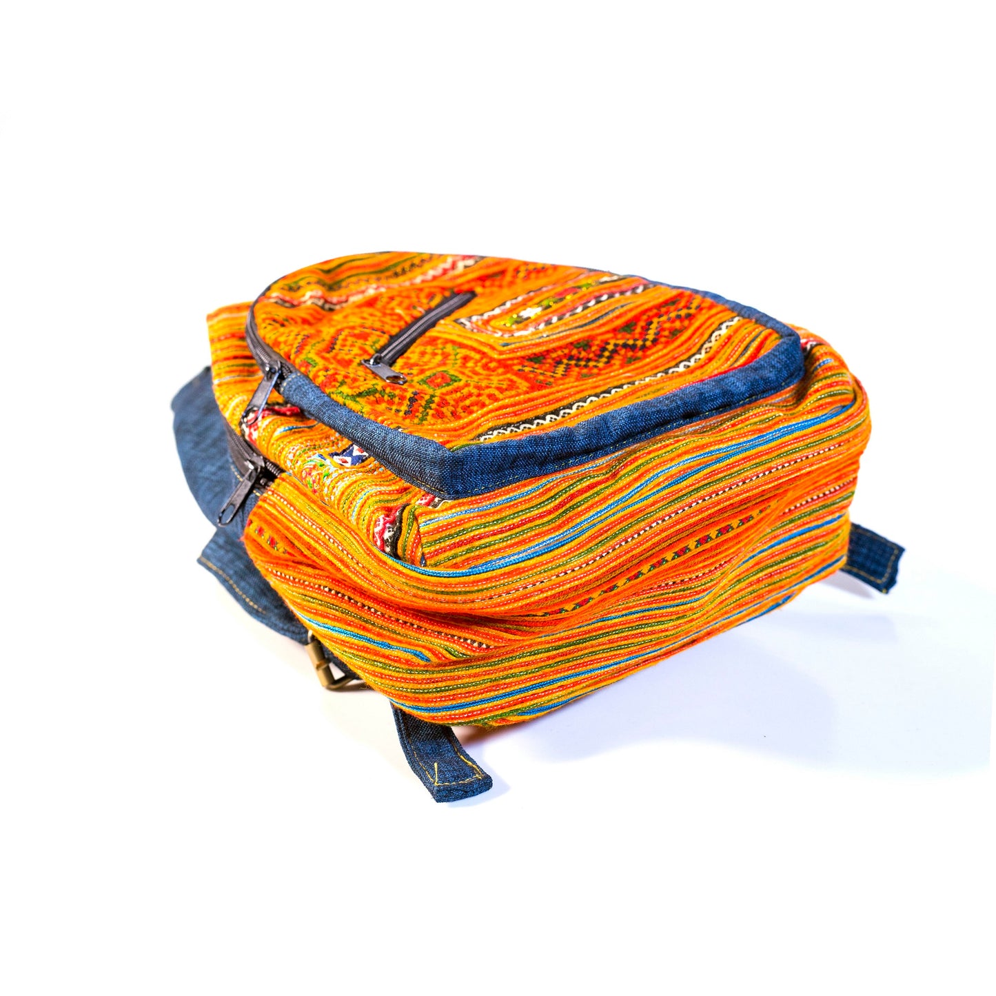 Multi-purpose backpack and sling, orange blue hand-embroidery fabric, dark blue trim
