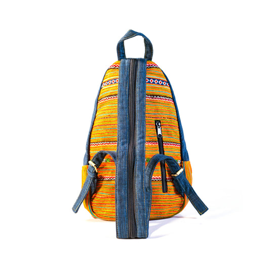 Multi-purpose backpack and sling, orange blue hand-embroidery fabric, dark blue trim
