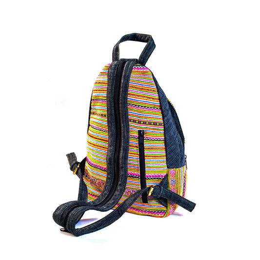 Multifunktionell ryggsäck och sele, orangeblått handbroderityg, grå kant