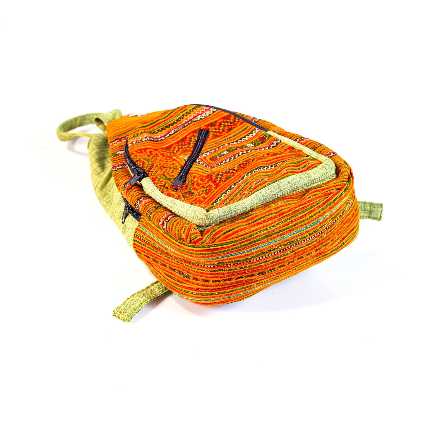 Multi-purpose backpack and sling, orange blue hand-embroidery fabric, bright green trim