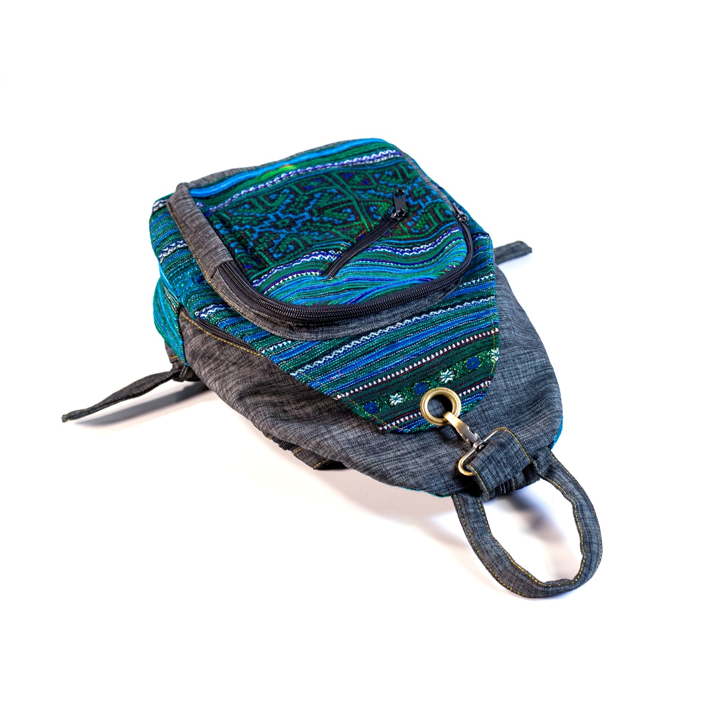 Multifunktionell ryggsäck och sele, blått handbroderityg, grå kant